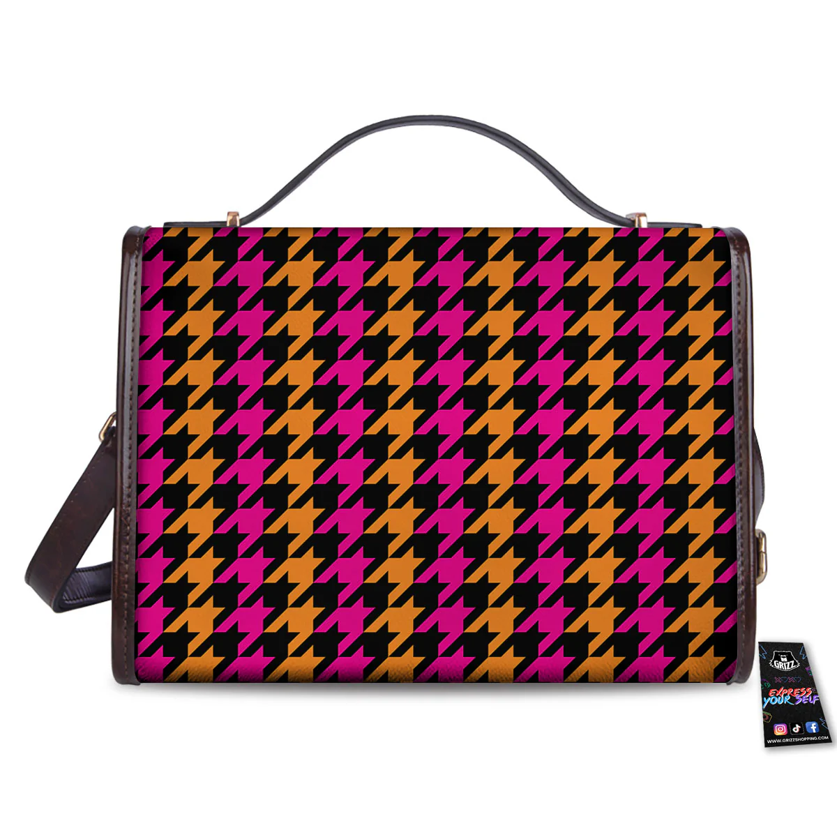 Pink Orange And Black Houndstooth Print Women's Satchel Bag - Image 2