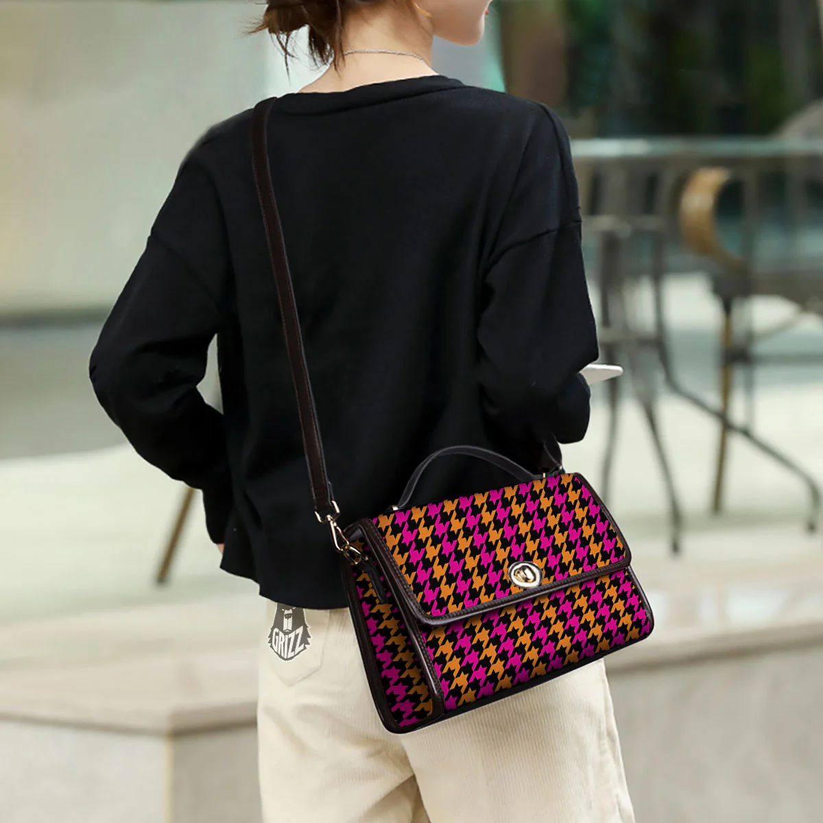 Pink Orange And Black Houndstooth Print Women's Satchel Bag - Image 3