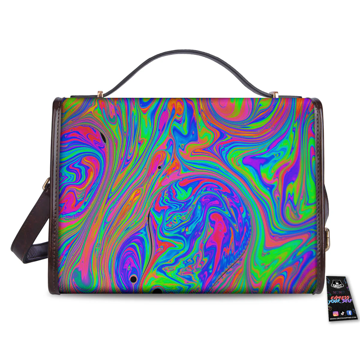 Pink Psychedelic Trippy Neon Green Print Women's Satchel Bag - Image 2