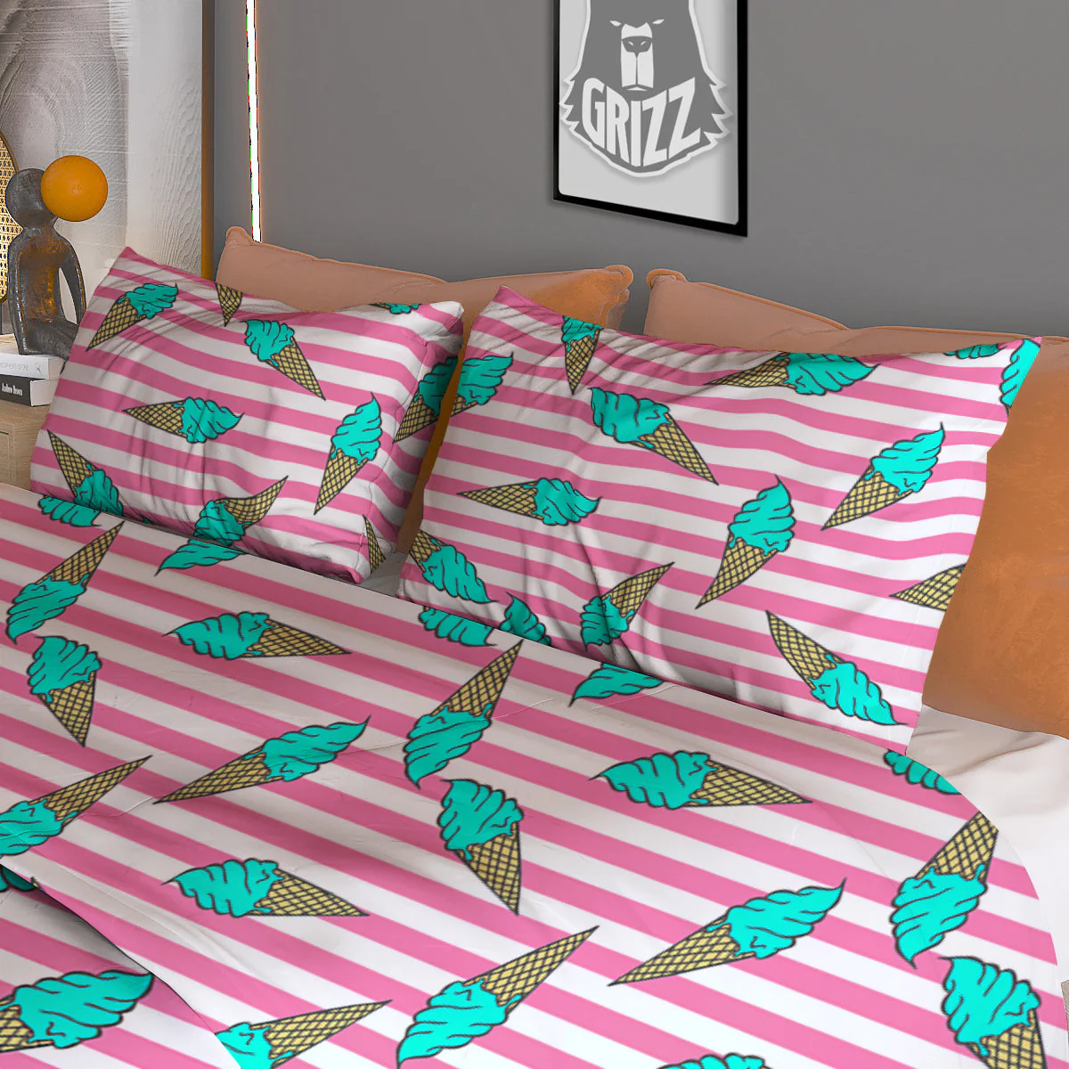 Pink Striped Ice Creams Print Pattern Duvet Cover Bedding Set - Image 3