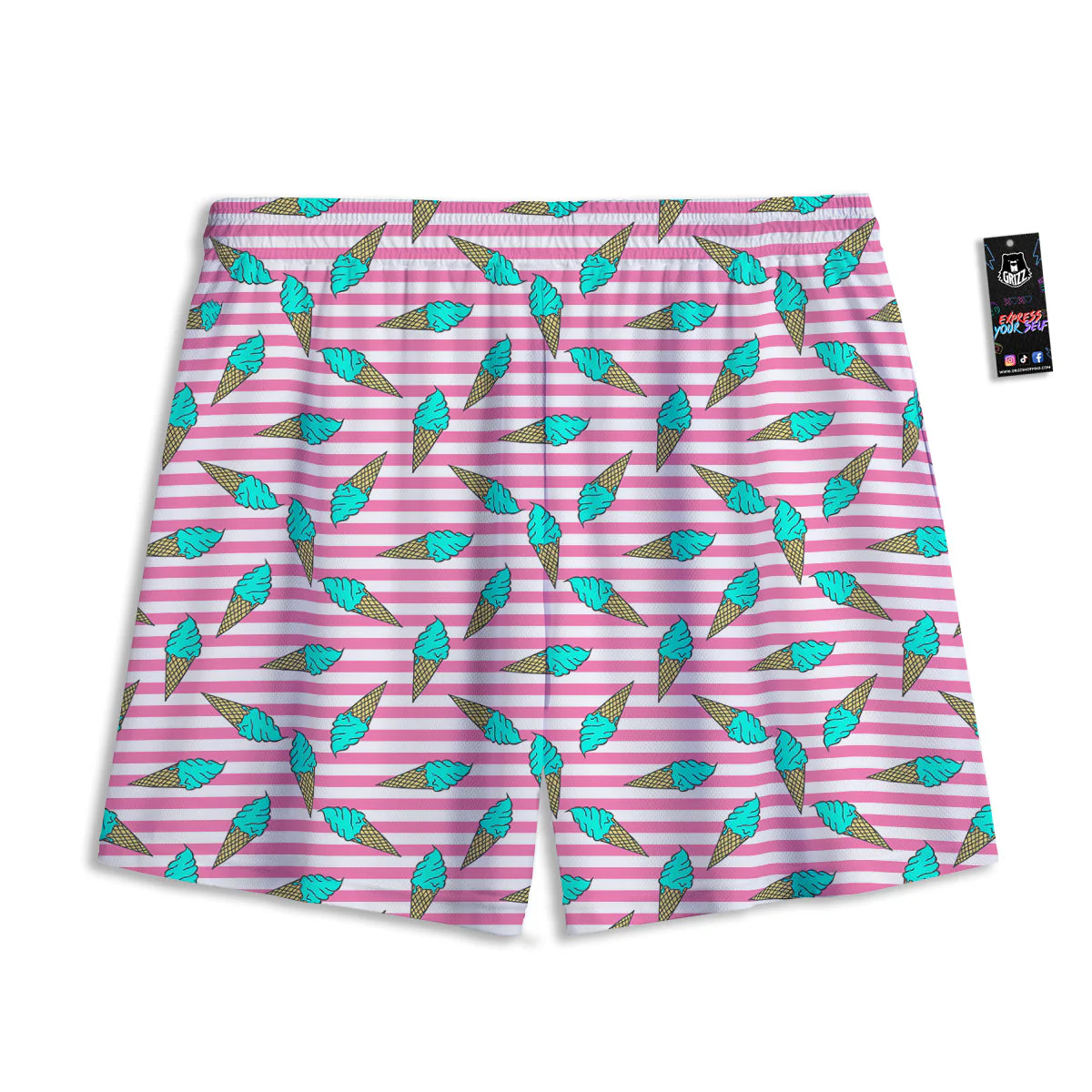 Pink Striped Ice Creams Print Pattern Mesh Shorts - Image 2