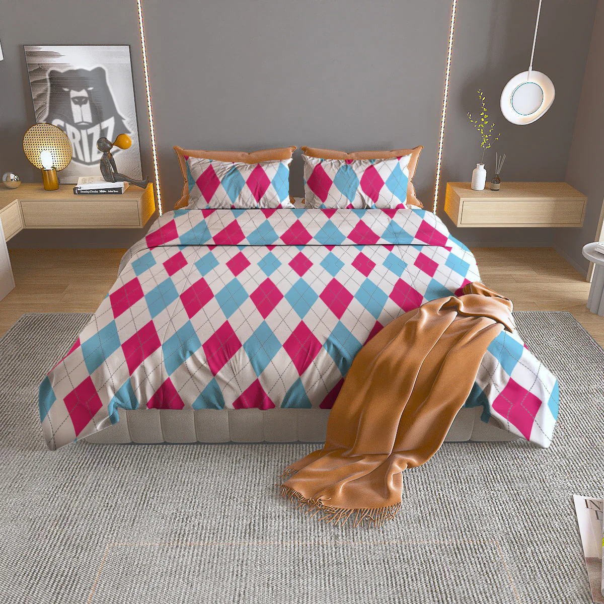 Pink White And Blue Argyle Print Pattern Duvet Cover Bedding Set