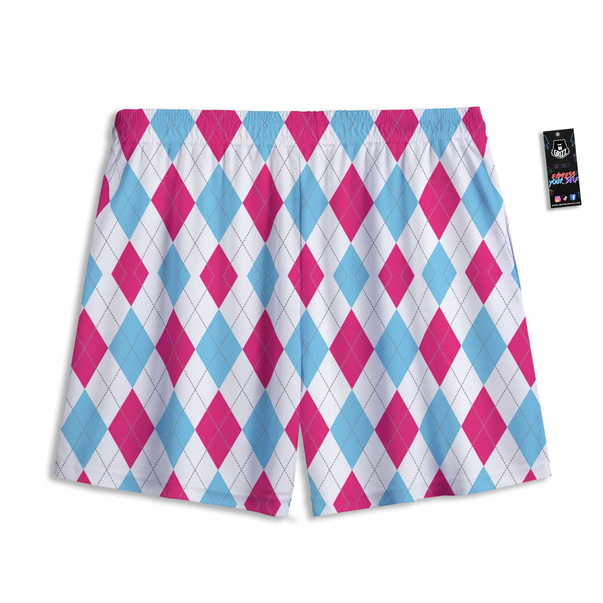 Pink White And Blue Argyle Print Pattern Mesh Shorts - Image 2