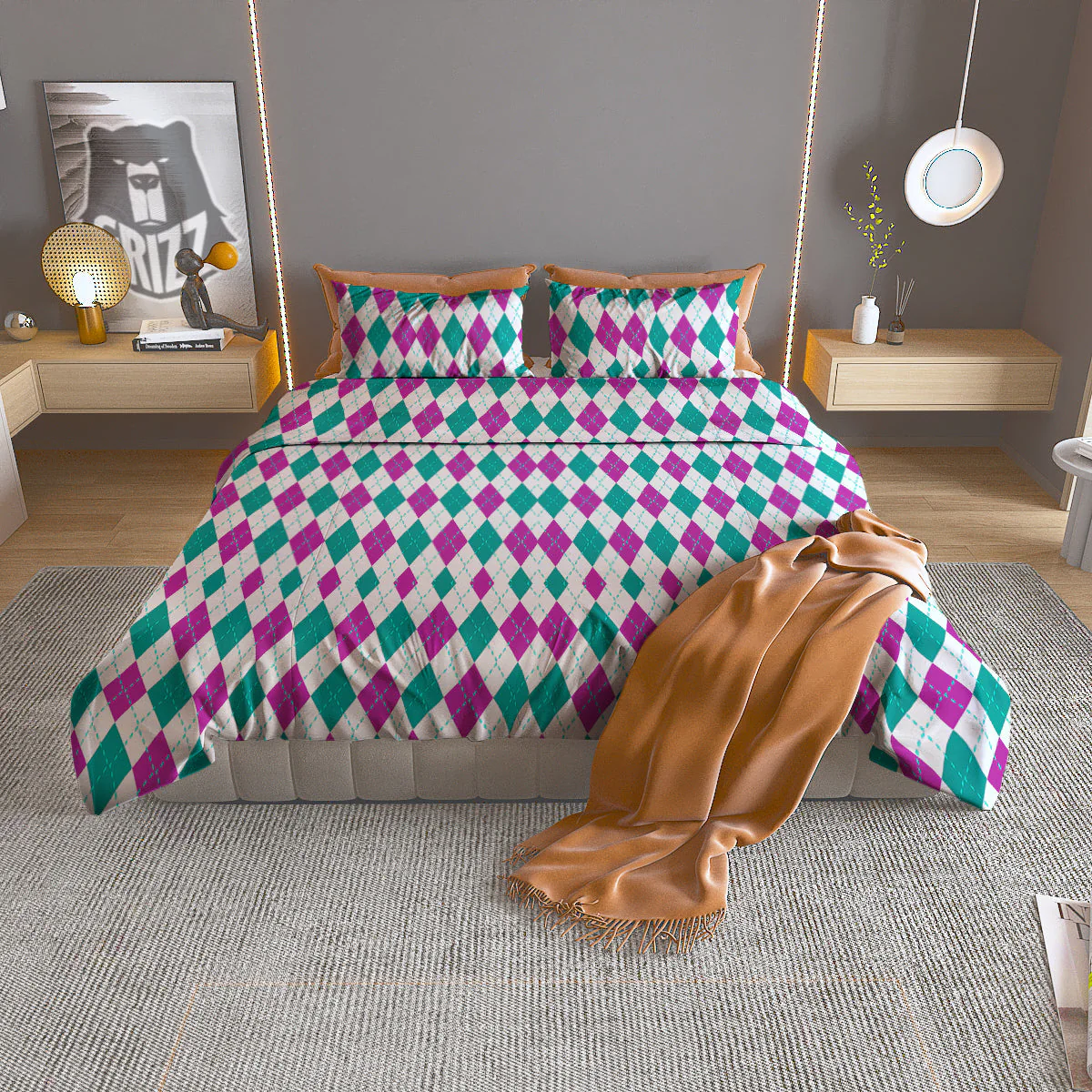 Pink White And Green Argyle Print Pattern Duvet Cover Bedding Set