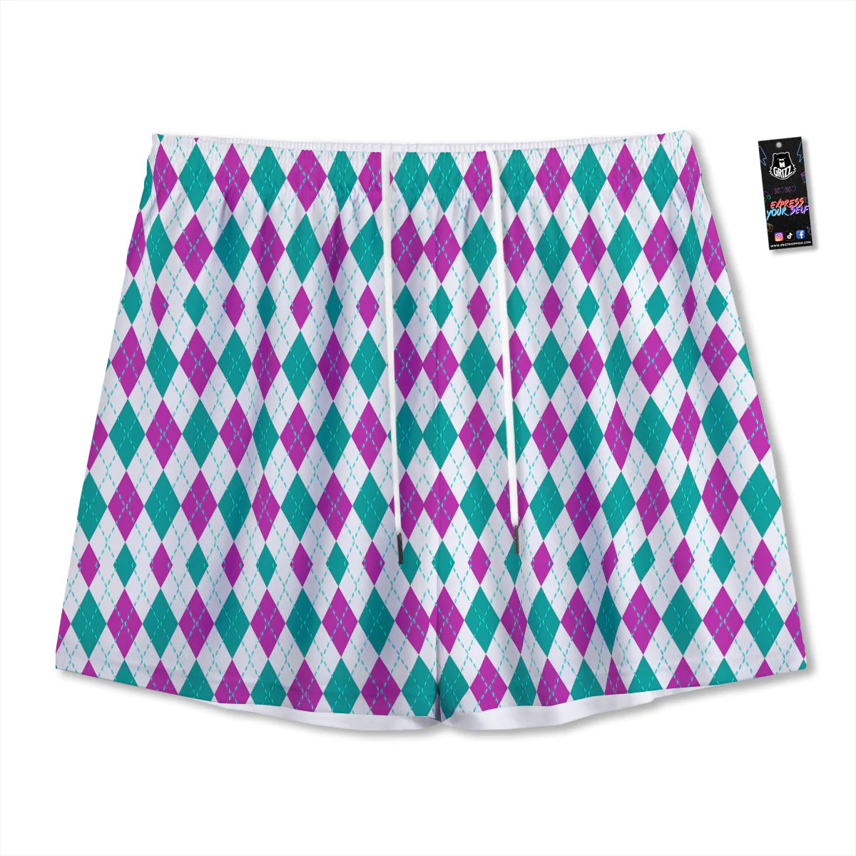 Pink White And Green Argyle Print Pattern Mesh Shorts