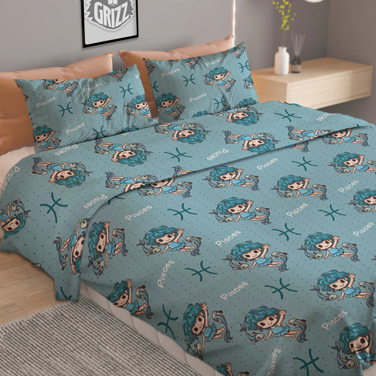 Pisces Cute Cartoon Print Pattern Duvet Cover Bedding Set - Image 2