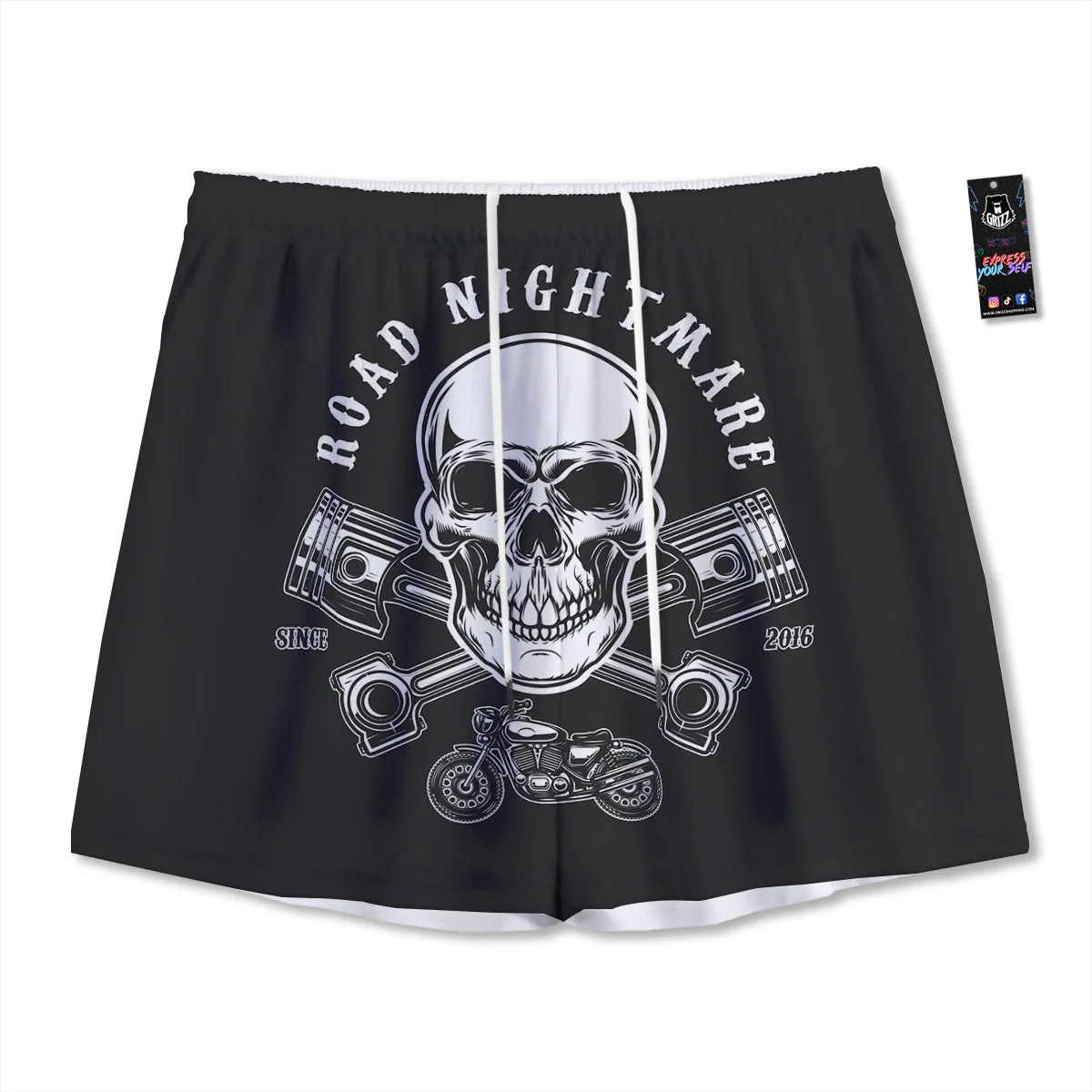 Piston Skull Mechanic Cross Print Mesh Shorts