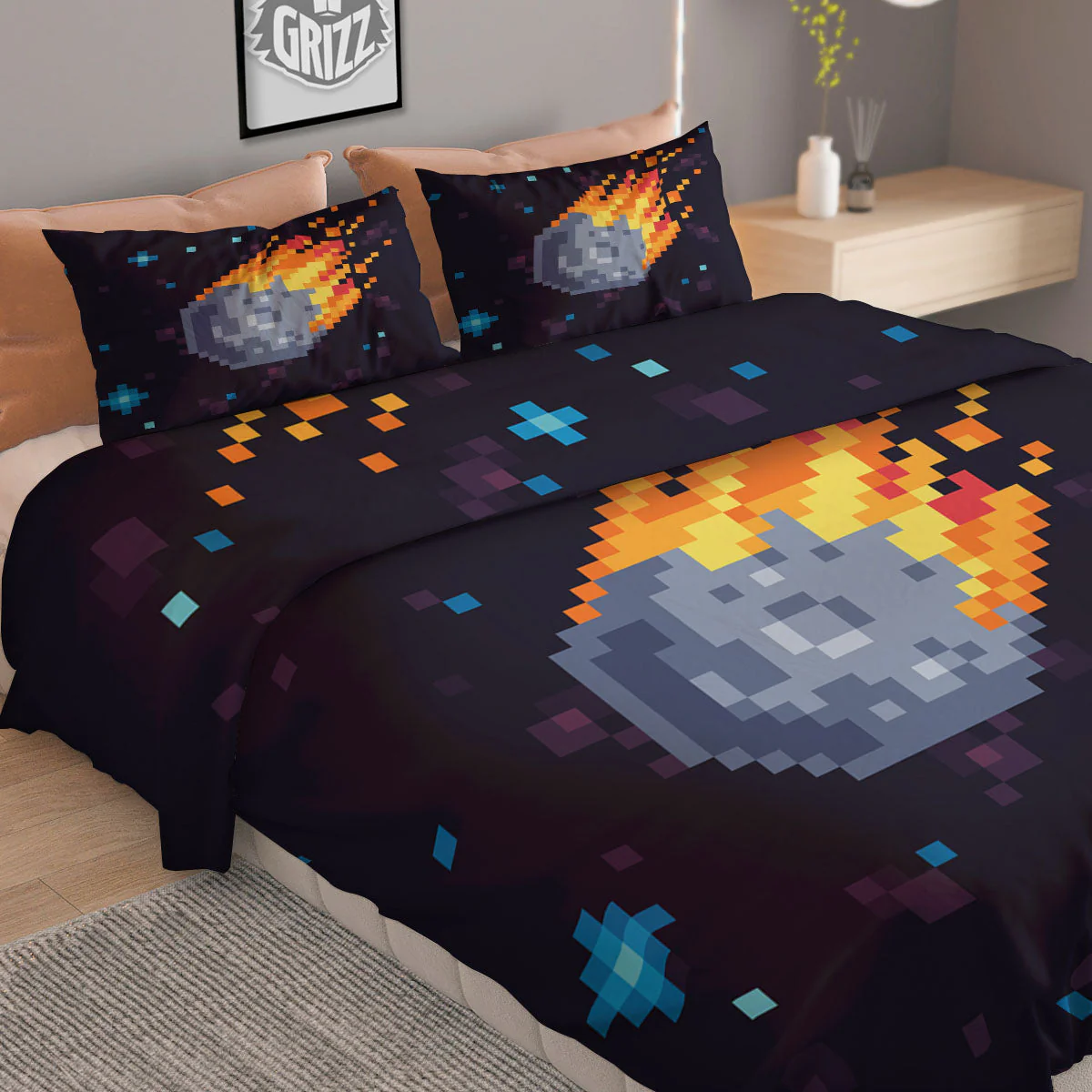 Pixel 8 Bit  Meteorite Burnning Print Duvet Cover Bedding Set - Image 2