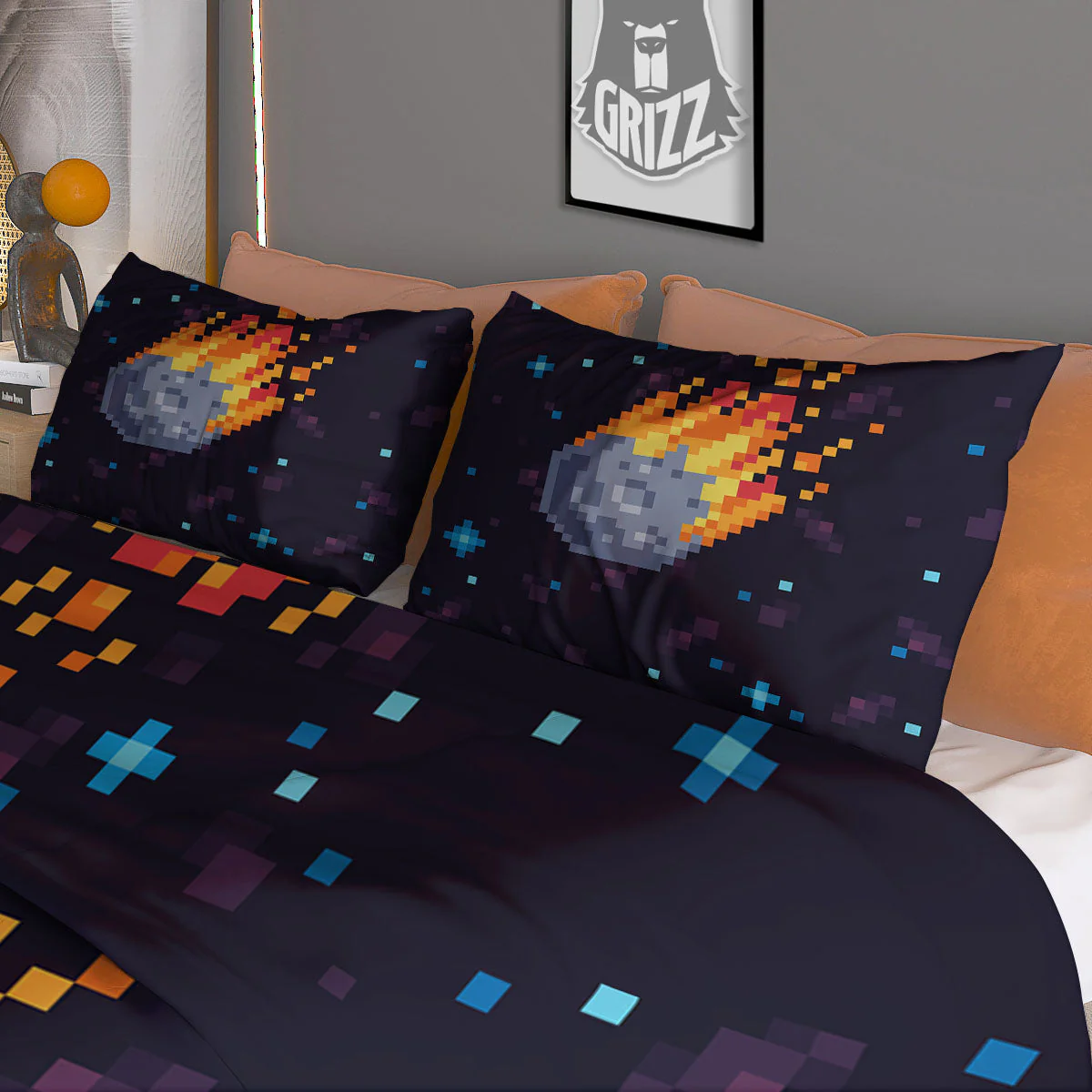 Pixel 8 Bit  Meteorite Burnning Print Duvet Cover Bedding Set - Image 3