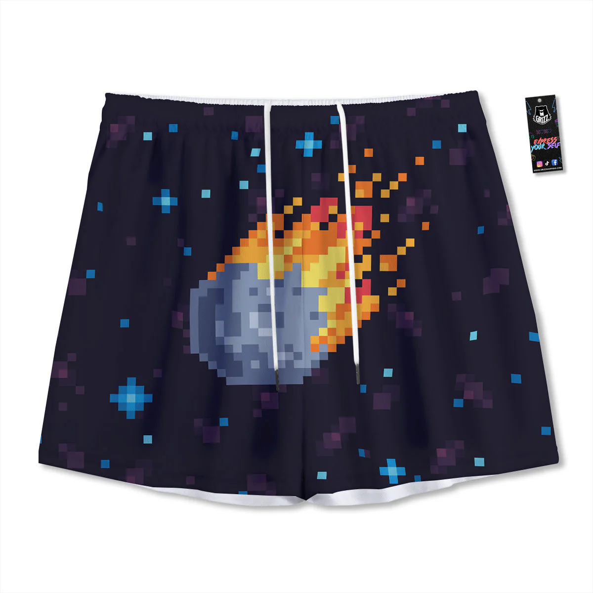 Pixel 8 Bit  Meteorite Burnning Print Mesh Shorts