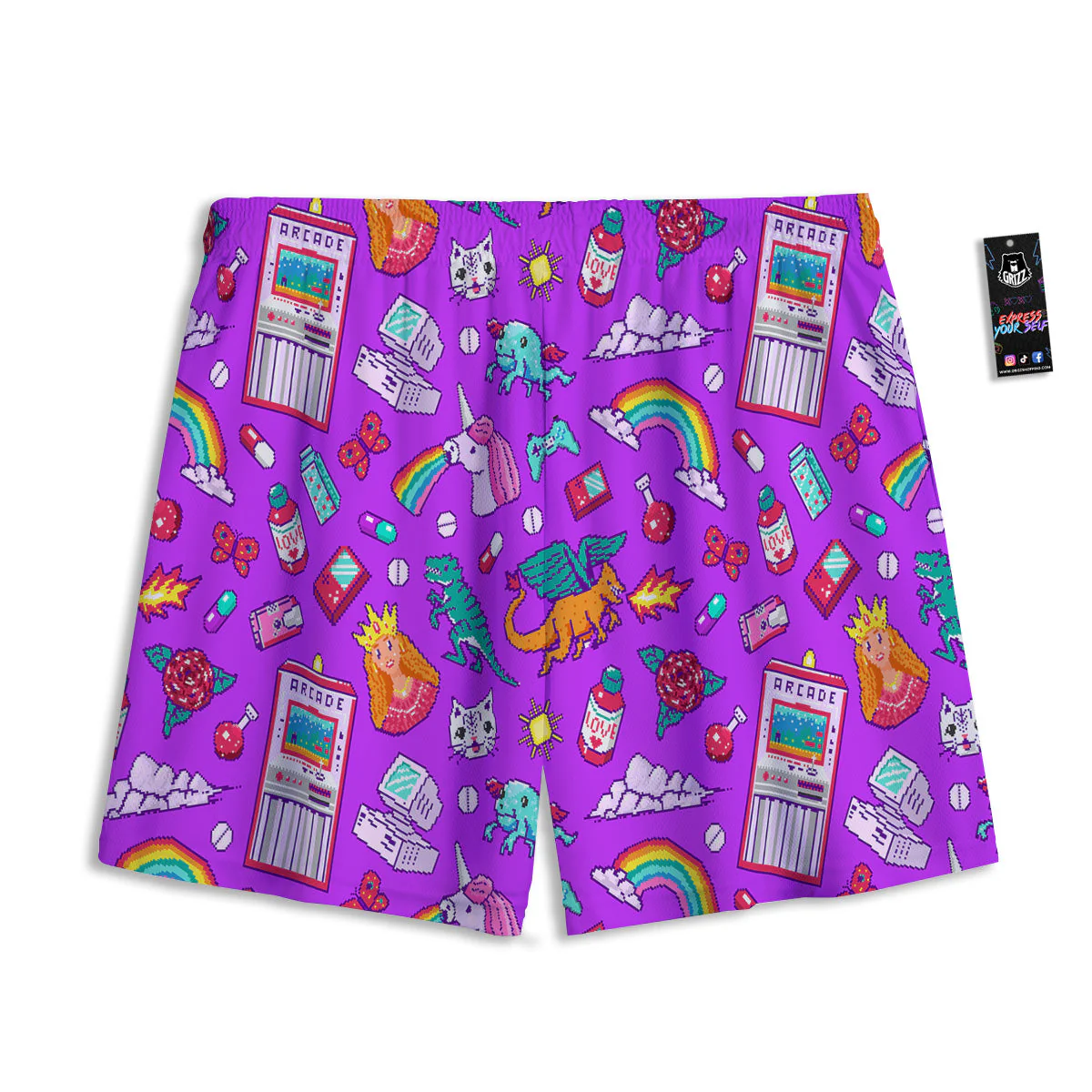 Pixel Art 8 Bit Pink Print Pattern Mesh Shorts - Image 2