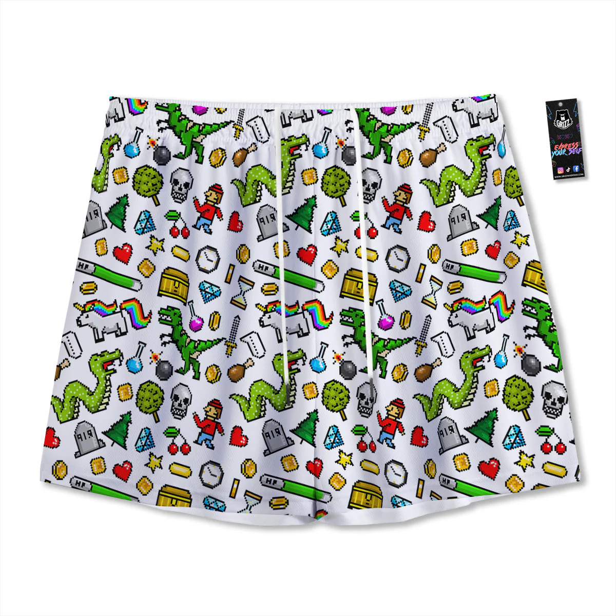 Pixel Art 8 Bit Retro Cartoon Print Pattern Mesh Shorts