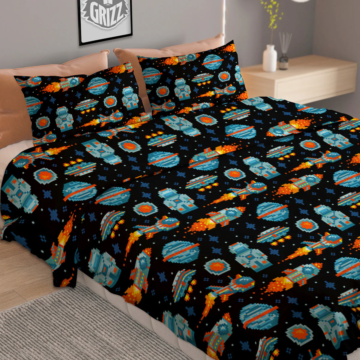 Pixel Art Space 8 Bit Print Pattern Duvet Cover Bedding Set - Image 2