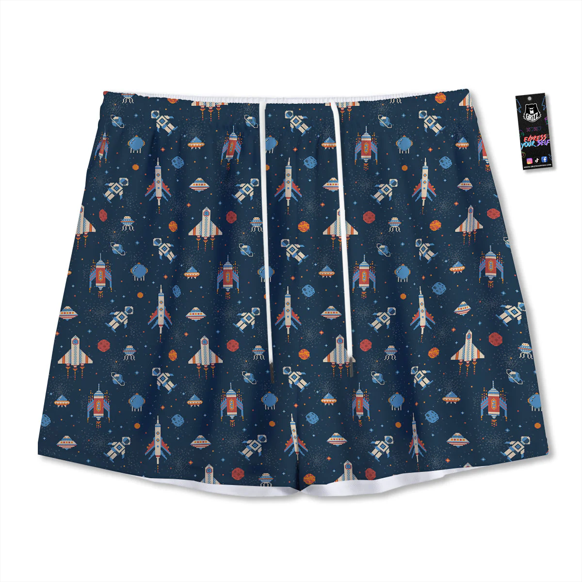Pixel Space And Astronaut Print Pattern Mesh Shorts