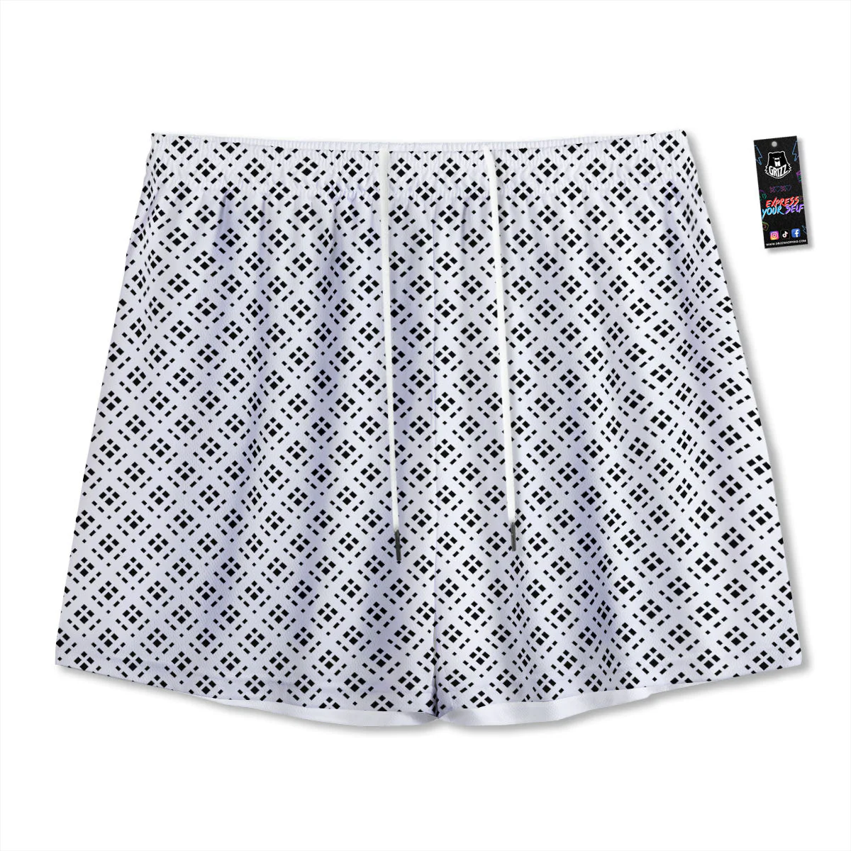 Pixel White And Black Print Pattern Mesh Shorts