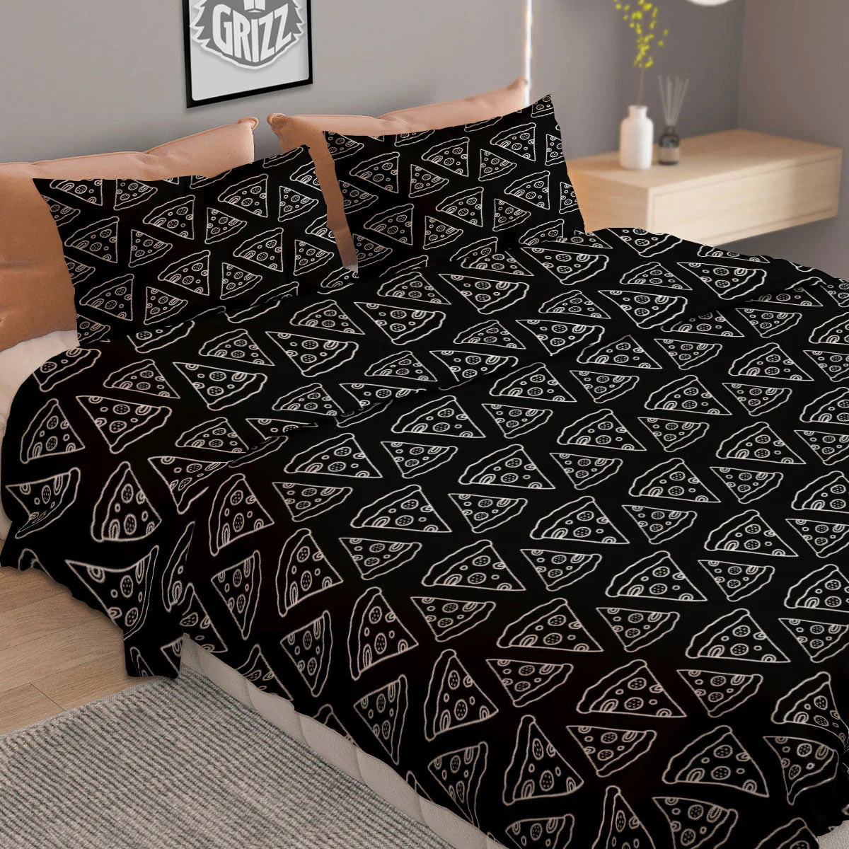 Pizza Black Print Pattern Duvet Cover Bedding Set - Image 2