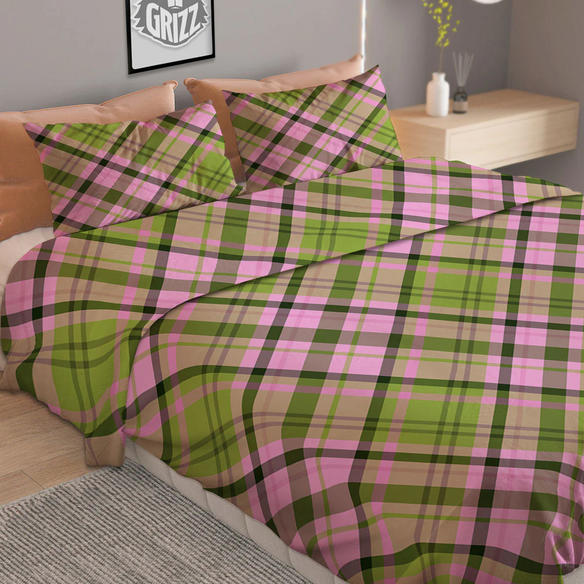 Plaid Green And Pink Print Pattern Duvet Cover Bedding Set - Image 2