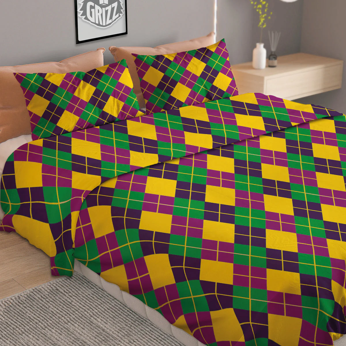 Plaid Mardi Gras Print Pattern Duvet Cover Bedding Set - Image 2
