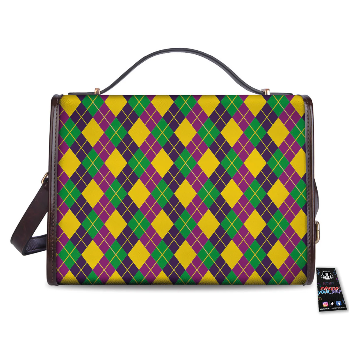 Plaid Mardi Gras Print Pattern Women's Satchel Bag - Image 2