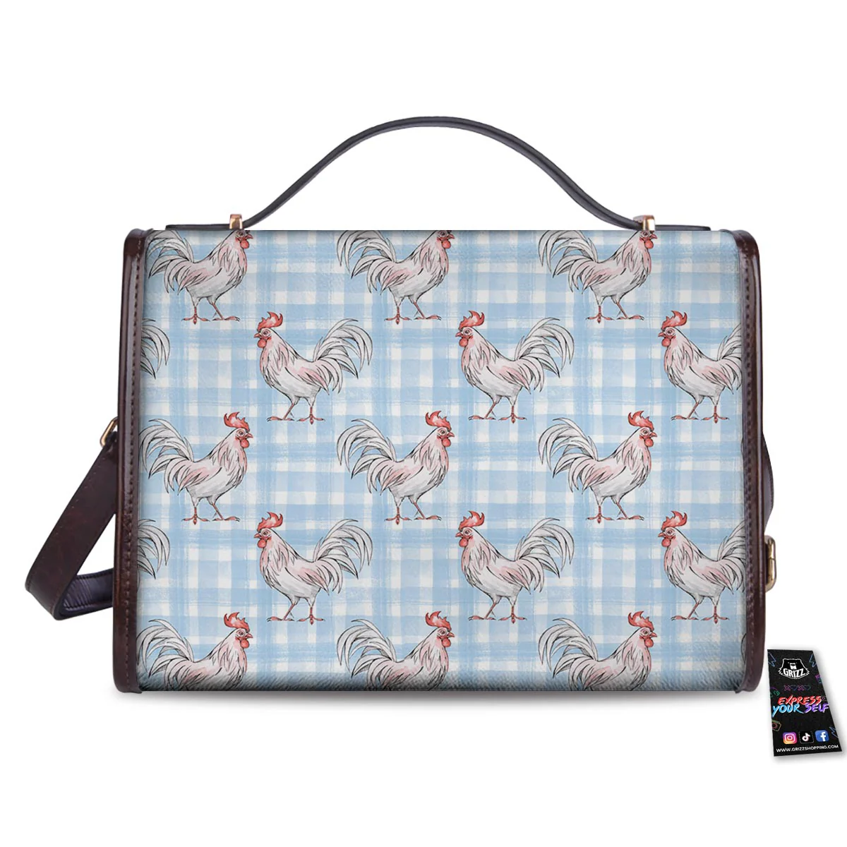 Plaid Rooster Print Pattern Women's Satchel Bag - Image 2