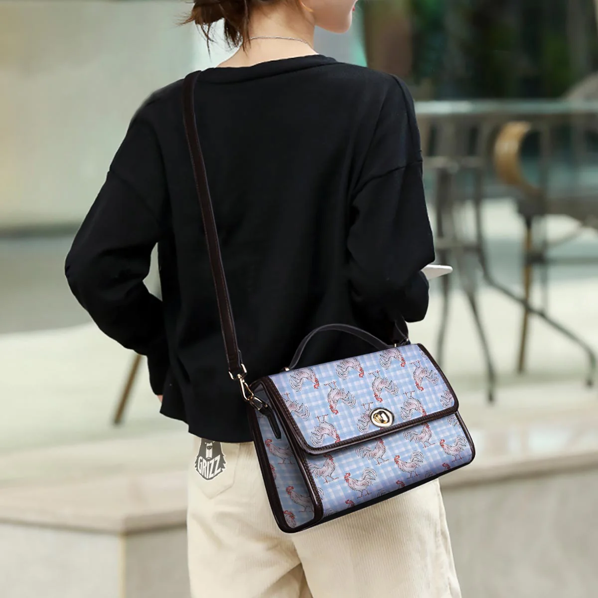 Plaid Rooster Print Pattern Women's Satchel Bag - Image 3