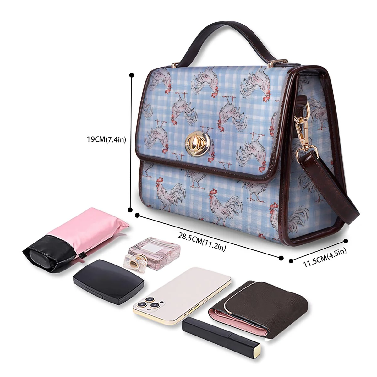 Plaid Rooster Print Pattern Women's Satchel Bag - Image 4