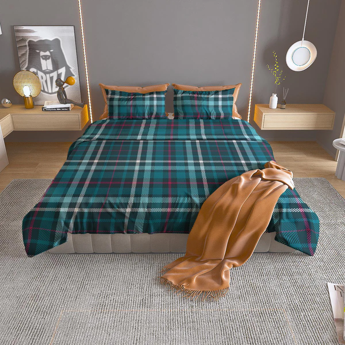 Plaid Teal Print Pattern Duvet Cover Bedding Set