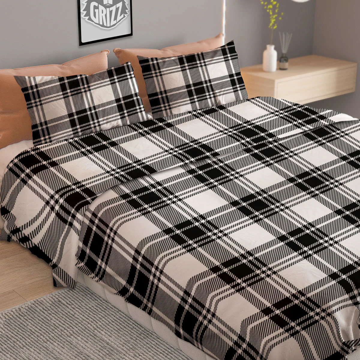 Plaid White And Black Print Pattern Duvet Cover Bedding Set - Image 2