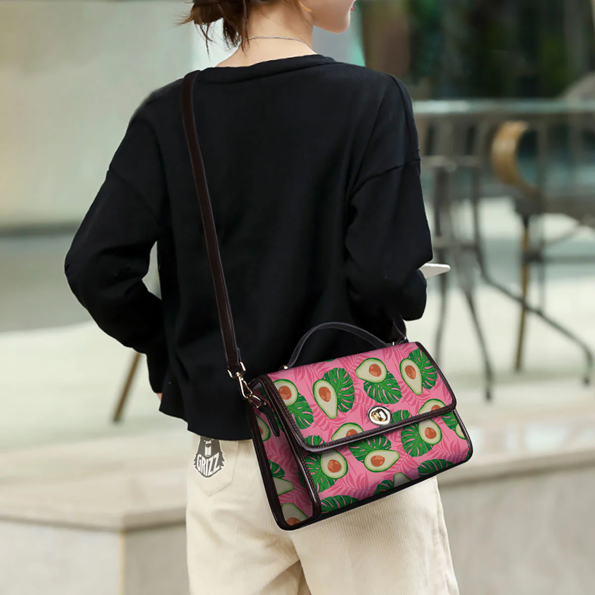 Plam Leaf And Avocado Pink Print Pattern Women's Satchel Bag - Image 3