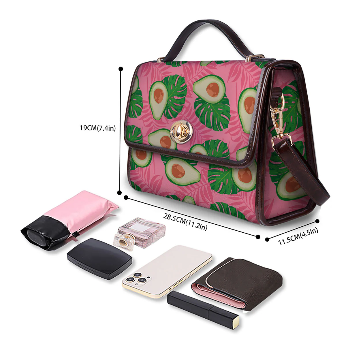 Plam Leaf And Avocado Pink Print Pattern Women's Satchel Bag - Image 4