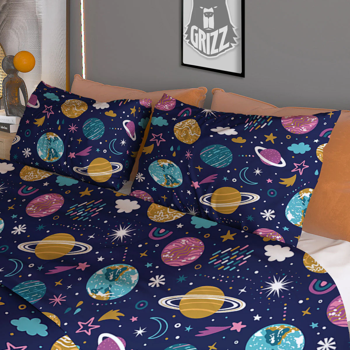 Planets Doodle Print Pattern Duvet Cover Bedding Set - Image 3
