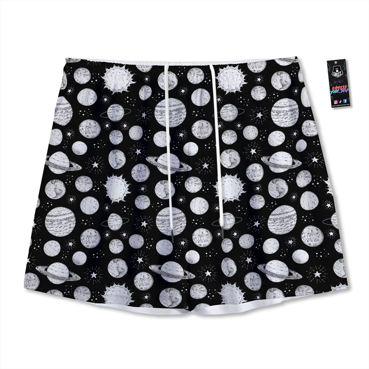 Planets White And Black Print Pattern Mesh Shorts
