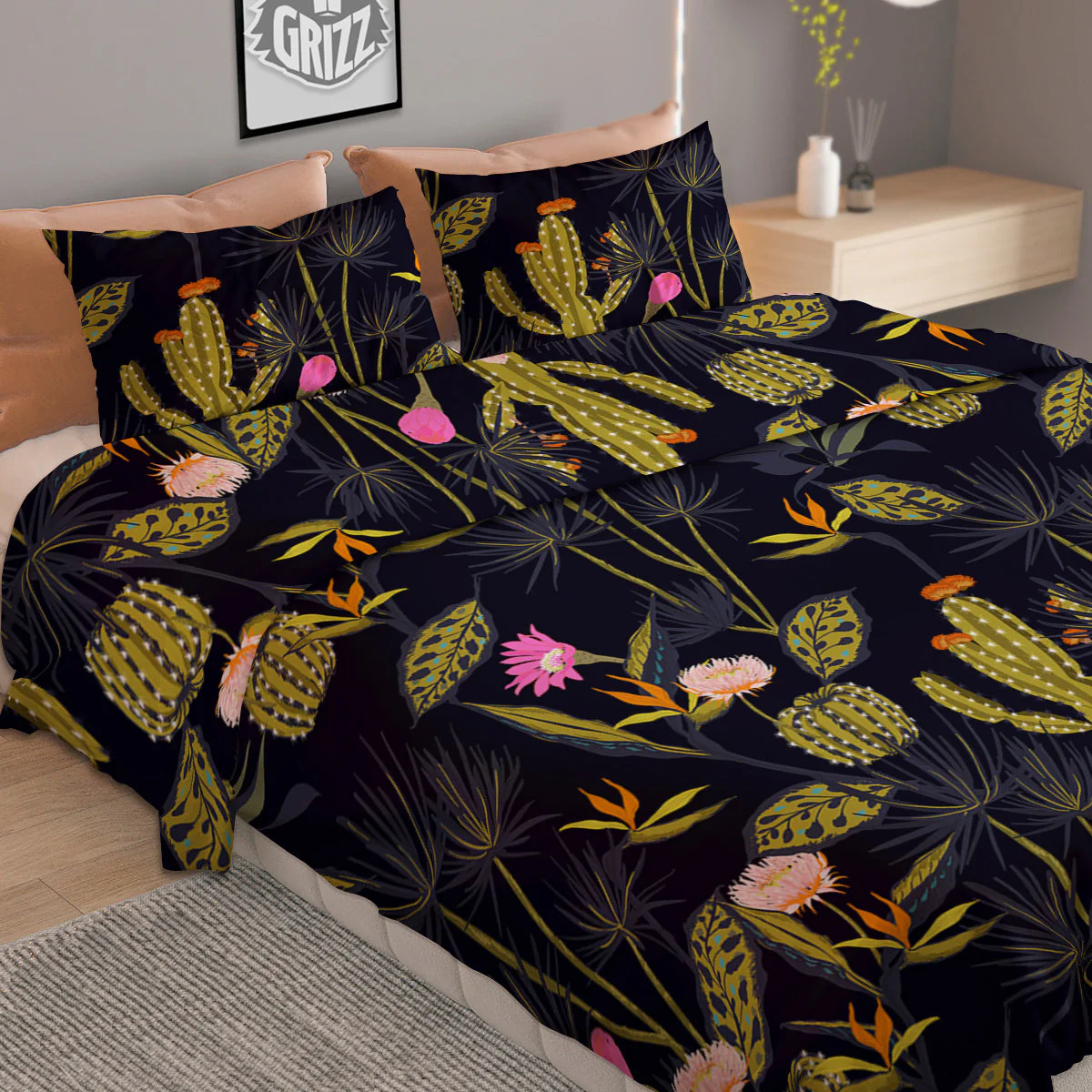 Plant Black Cactus Print Pattern Duvet Cover Bedding Set - Image 2