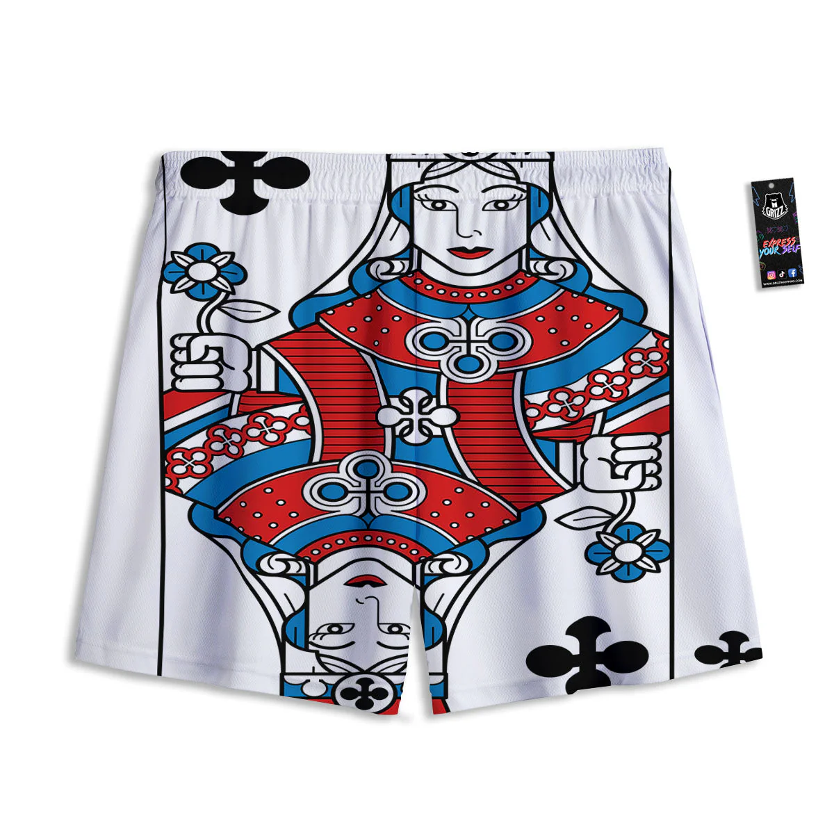 Playing Card Queen Of Clubs Print Mesh Shorts - Image 2
