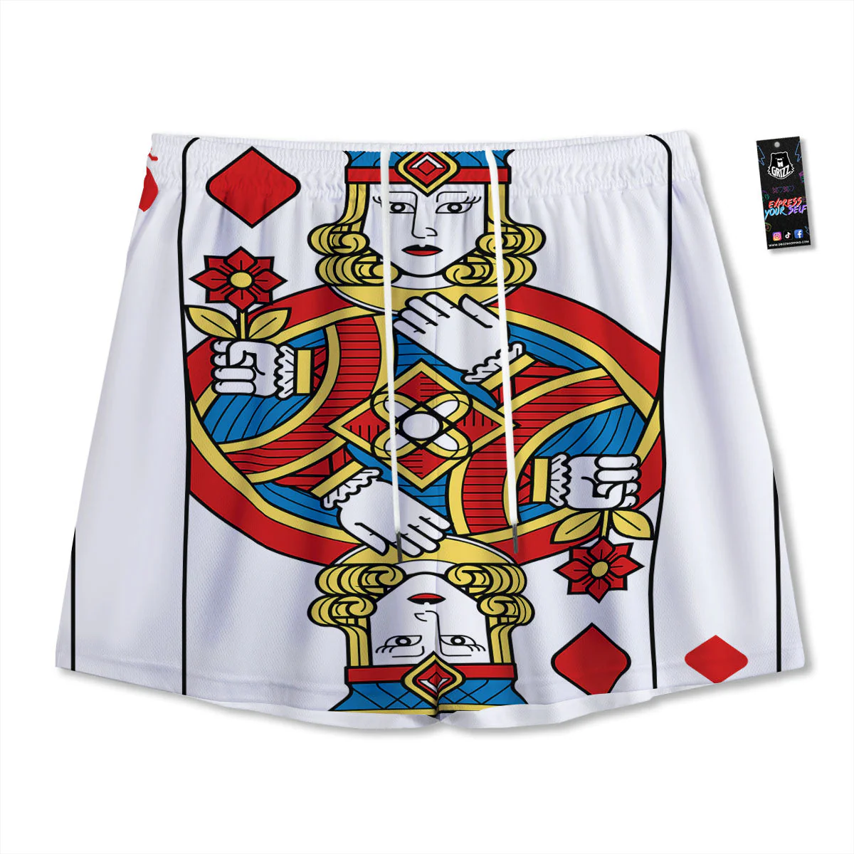 Playing Card Queen Of Diamonds Print Mesh Shorts