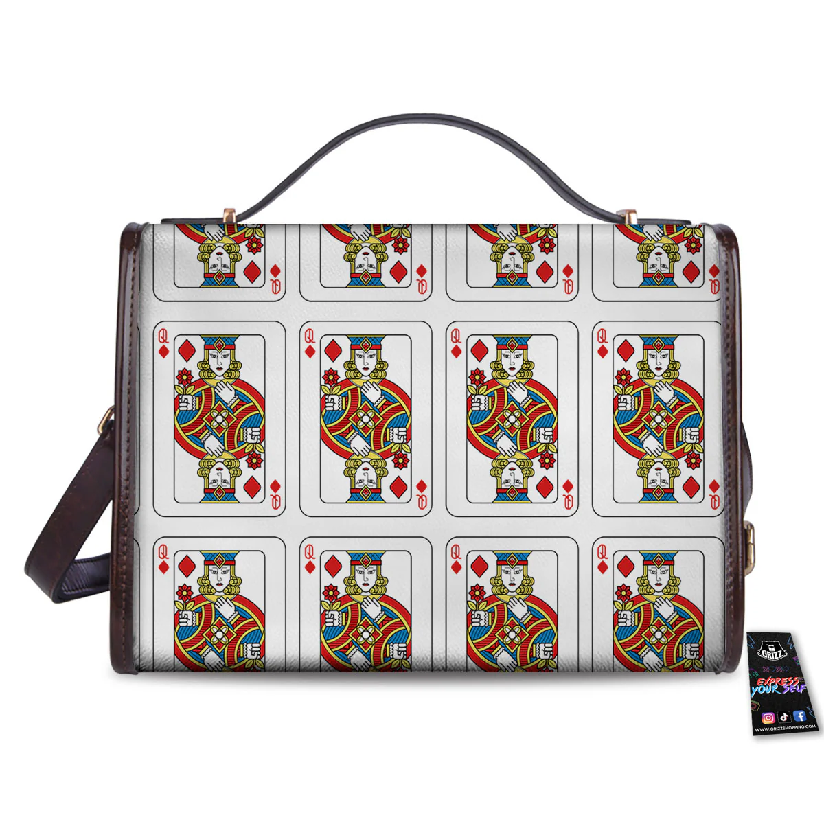 Playing Card Queen Of Diamonds Print Pattern Women's Satchel Bag - Image 2