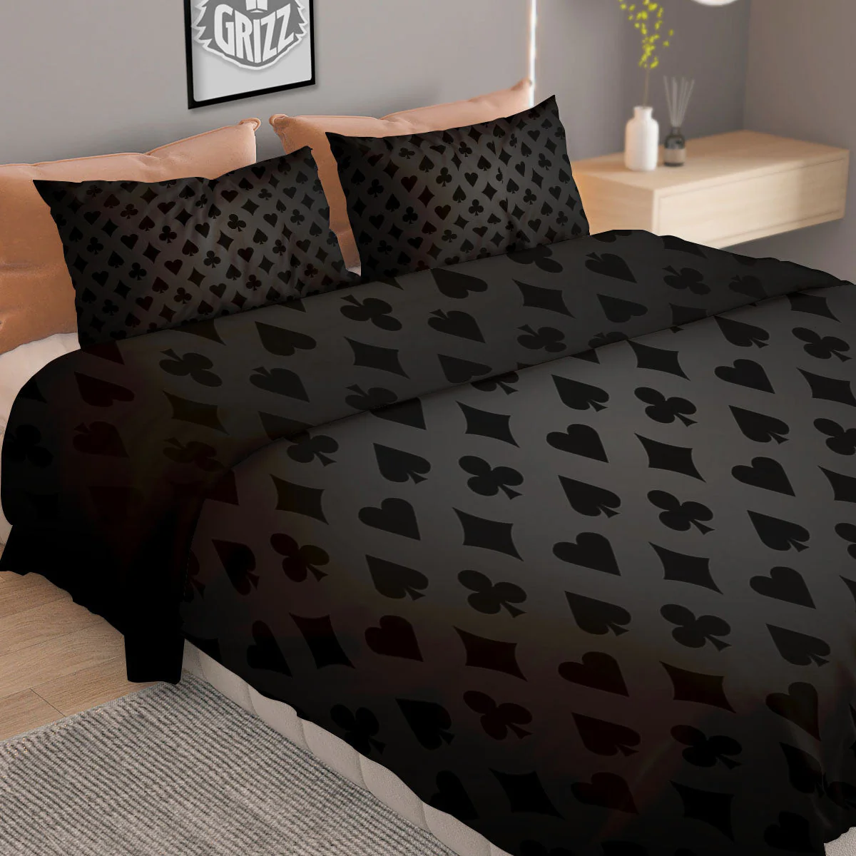 Playing Card Suits Grey And Black Print Duvet Cover Bedding Set - Image 2