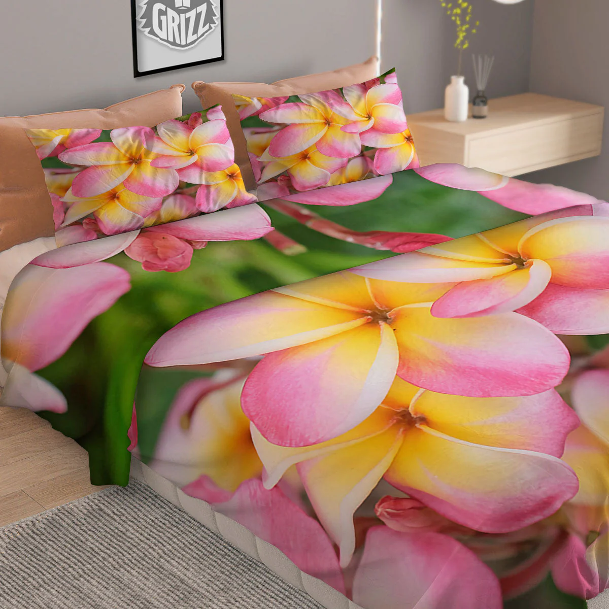 Plumeria Flower Yellow And Pink Print Duvet Cover Bedding Set - Image 2