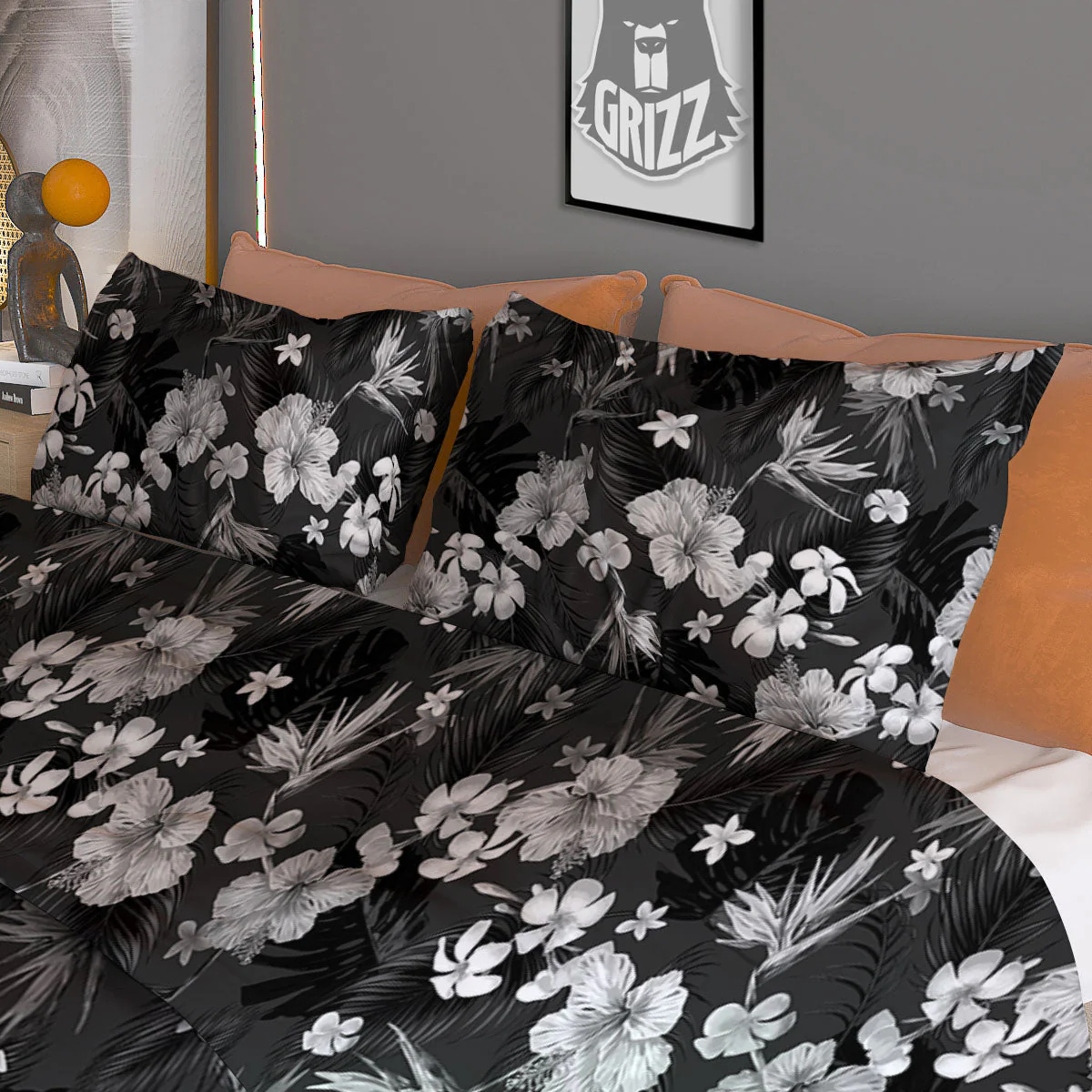 Plumeria Monochrome Print Pattern Duvet Cover Bedding Set - Image 3