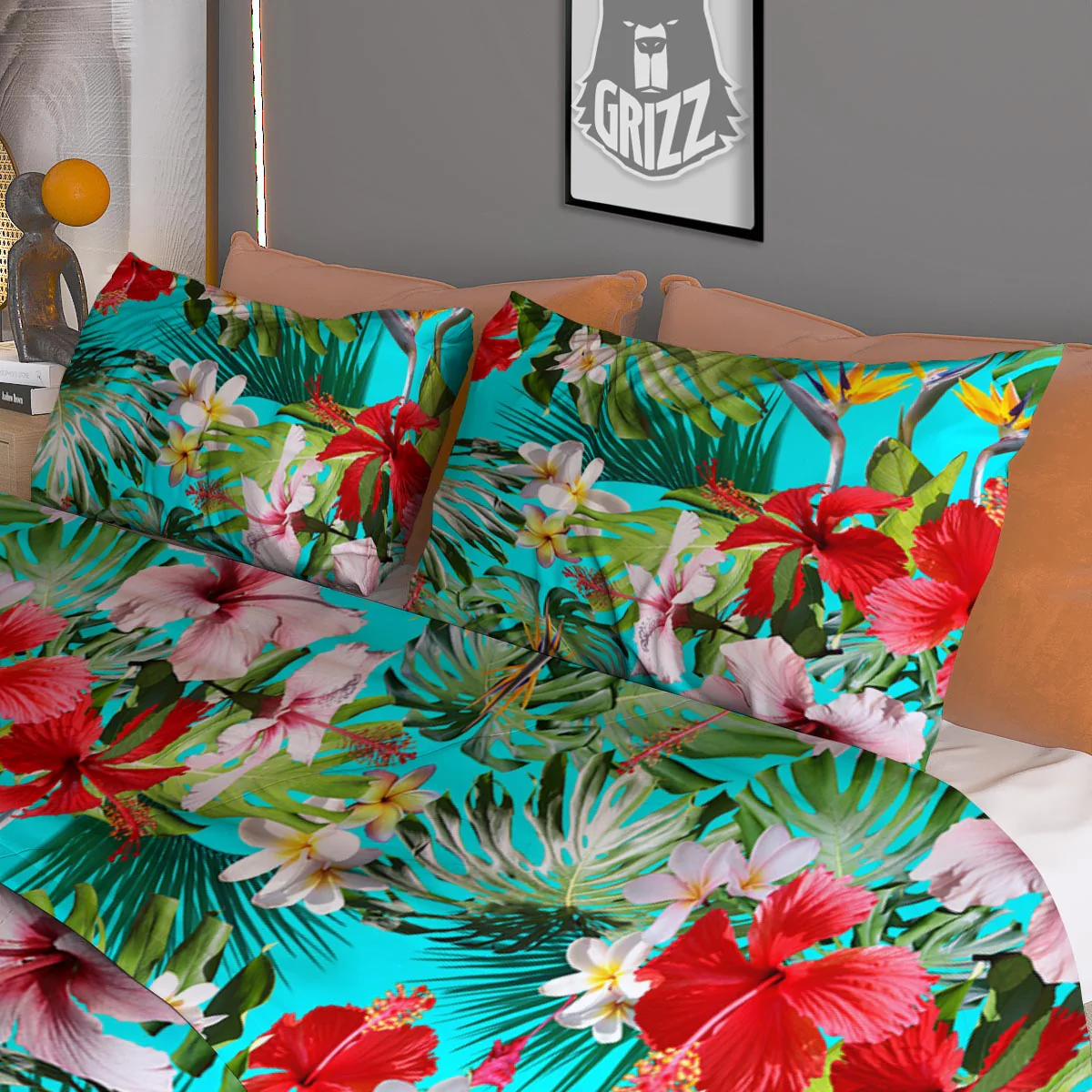 Plumeria Red Hibiscus Print Pattern Duvet Cover Bedding Set - Image 3