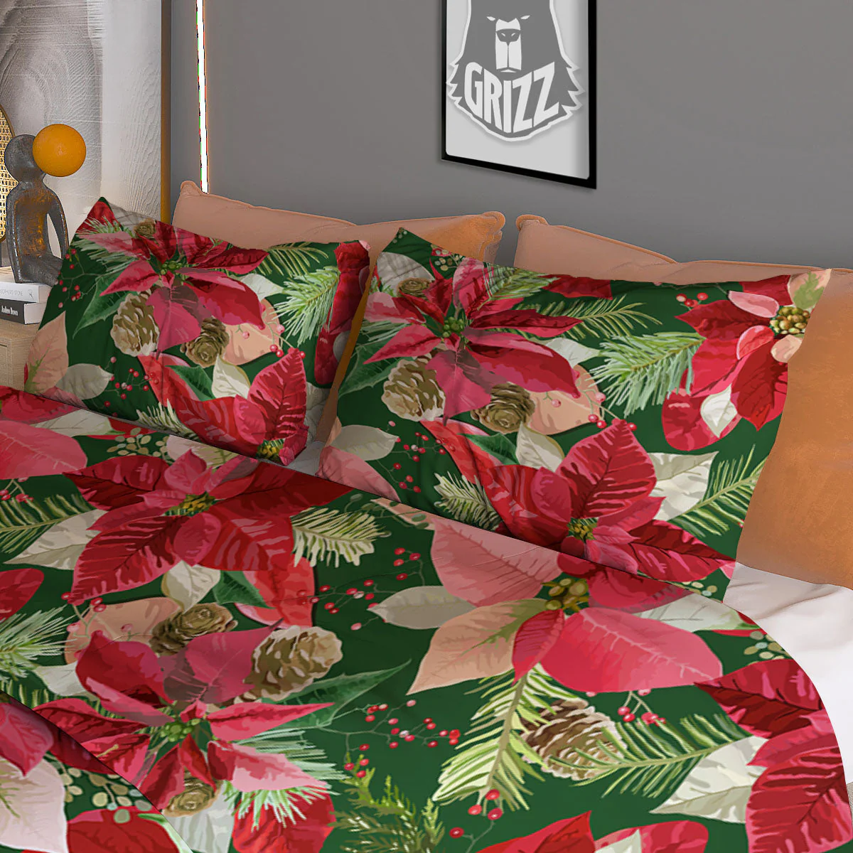 Poinsettia Christmas Vintage Print Pattern Duvet Cover Bedding Set - Image 3