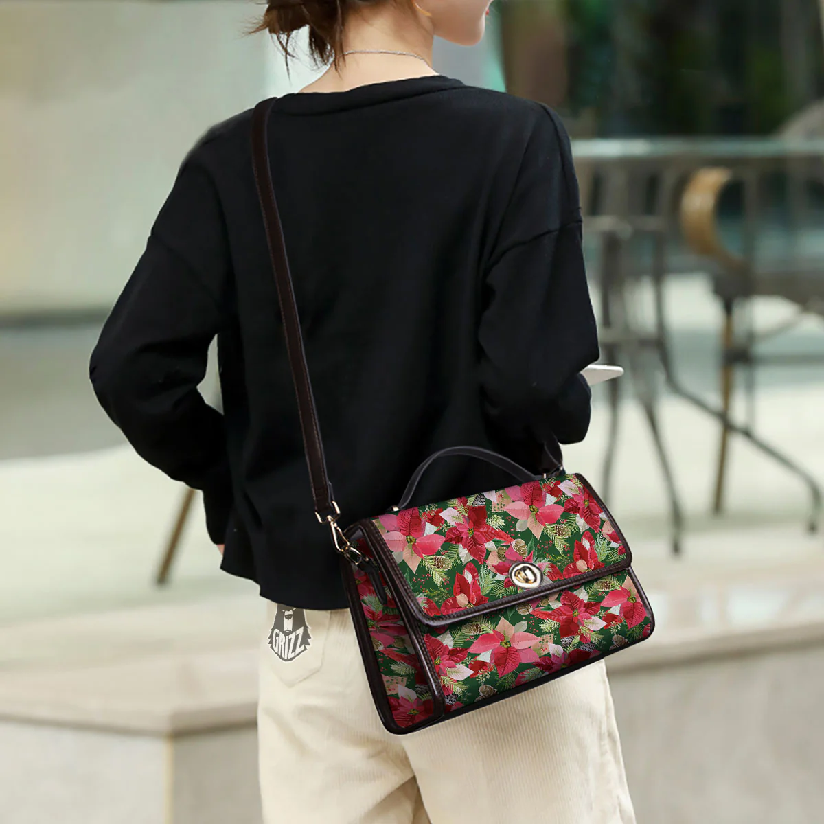 Poinsettia Christmas Vintage Print Pattern Women's Satchel Bag - Image 3