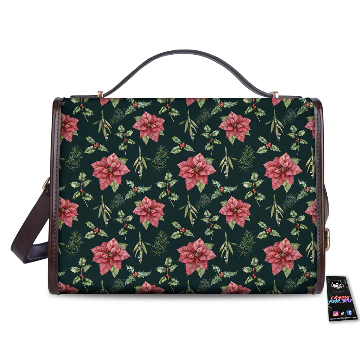 Poinsettia Christmas Watercolor Print Pattern Women's Satchel Bag - Image 2