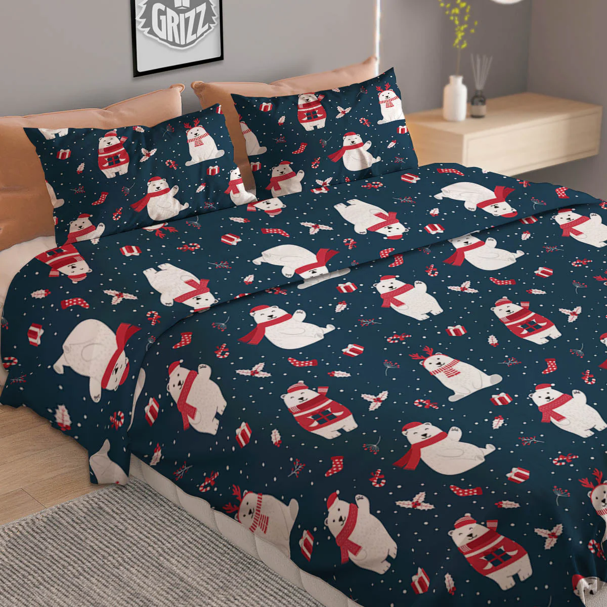 Polar Bear Christmas Print Pattern Duvet Cover Bedding Set - Image 2