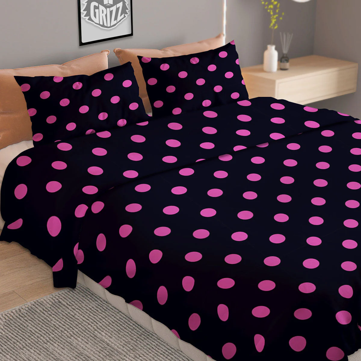 Polka Dot Black And Pink Print Pattern Duvet Cover Bedding Set - Image 2