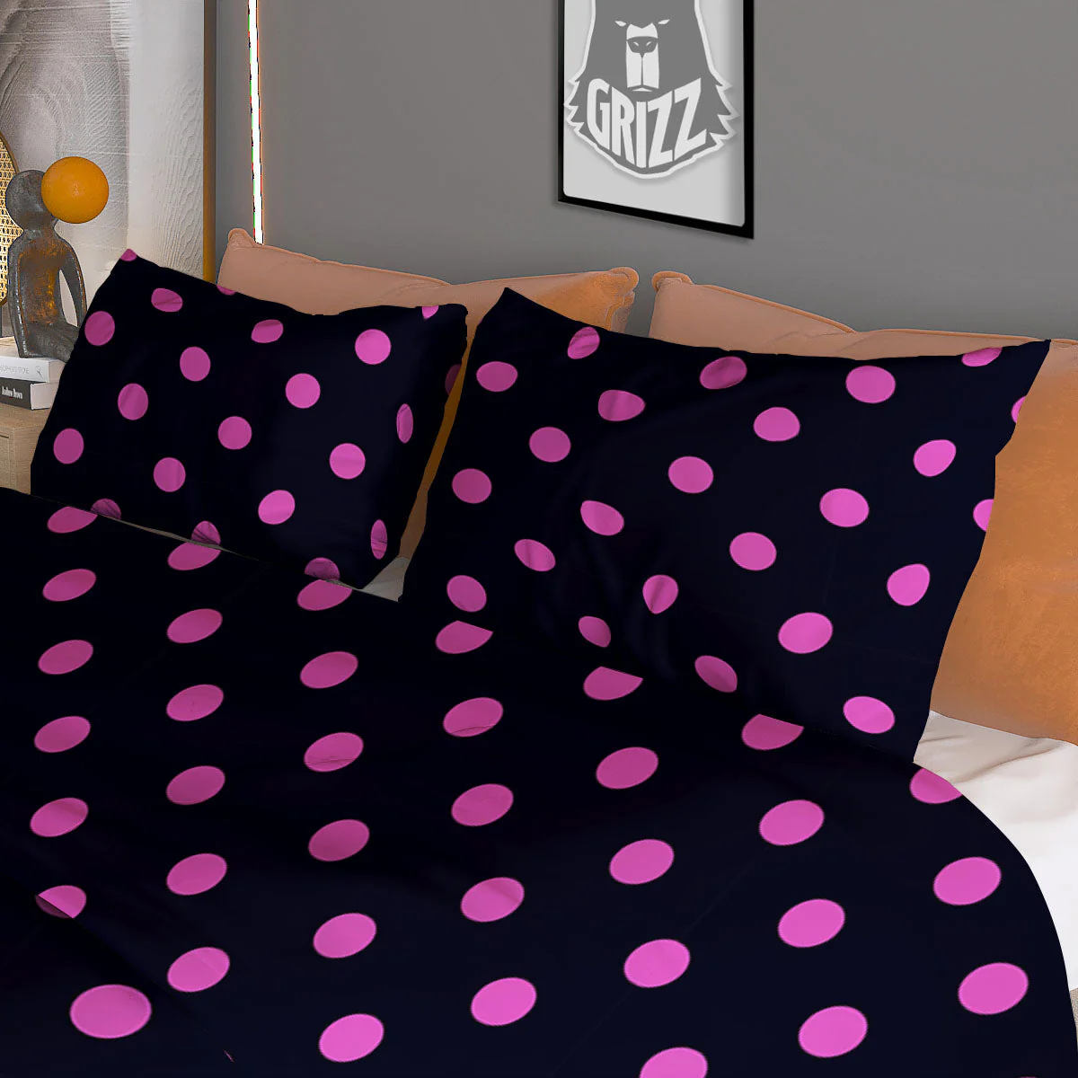 Polka Dot Black And Pink Print Pattern Duvet Cover Bedding Set - Image 3