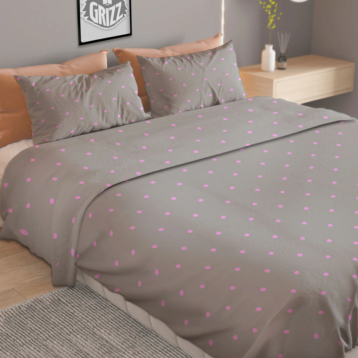 Polka Dot Grey And Pink Dot Print Pattern Duvet Cover Bedding Set - Image 2