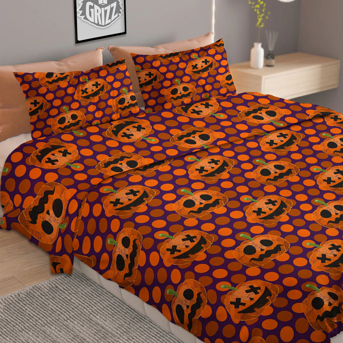 Polka Dot Halloween Pumkin Print Pattern Duvet Cover Bedding Set - Image 2