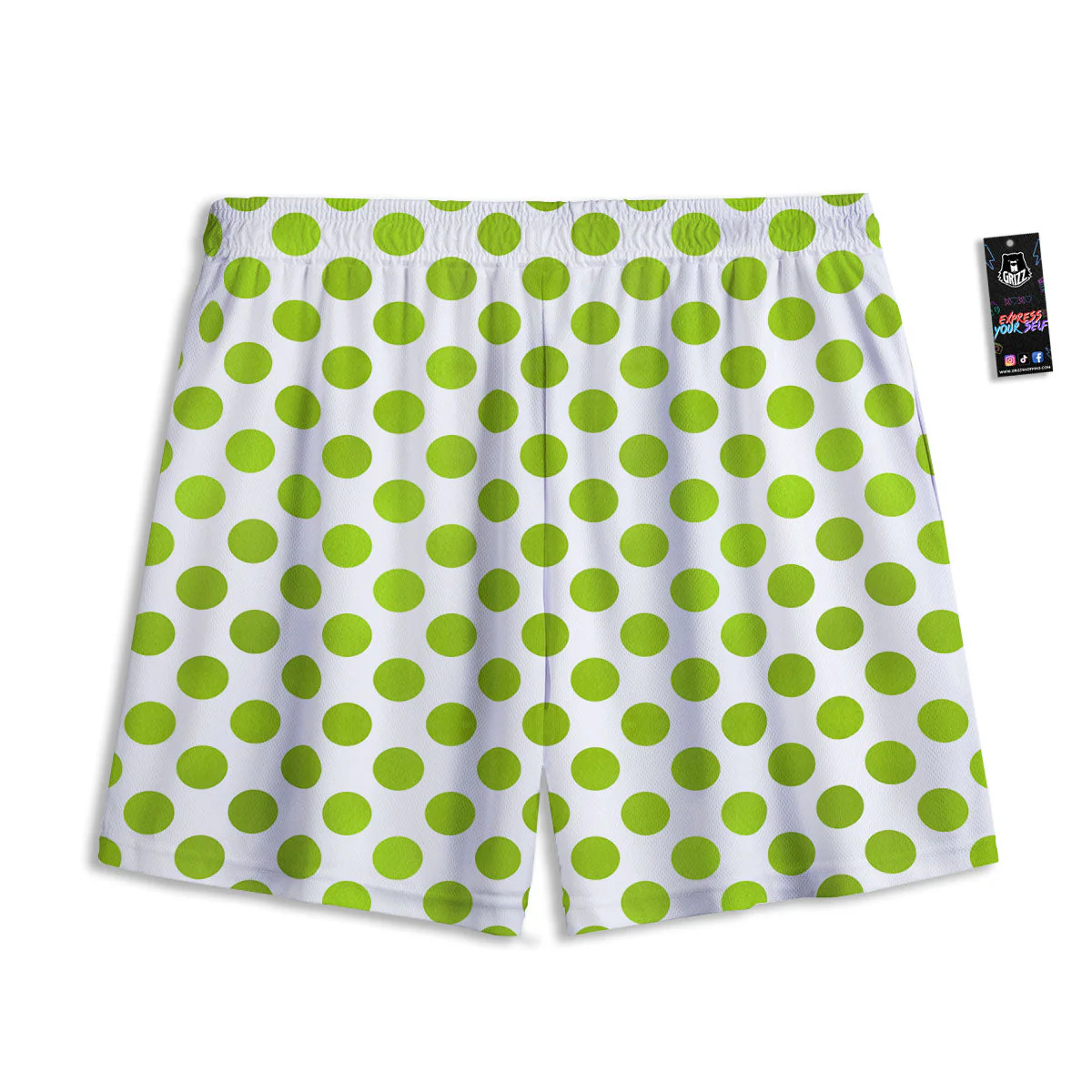 Polka Dot Lime Green And White Print Mesh Shorts - Image 2