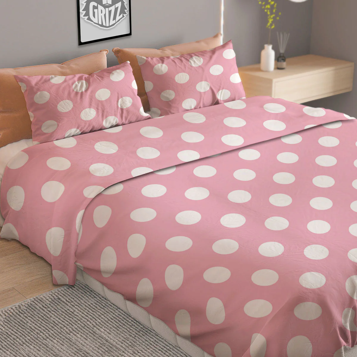 Polka Dot Pink And White Print Duvet Cover Bedding Set - Image 2
